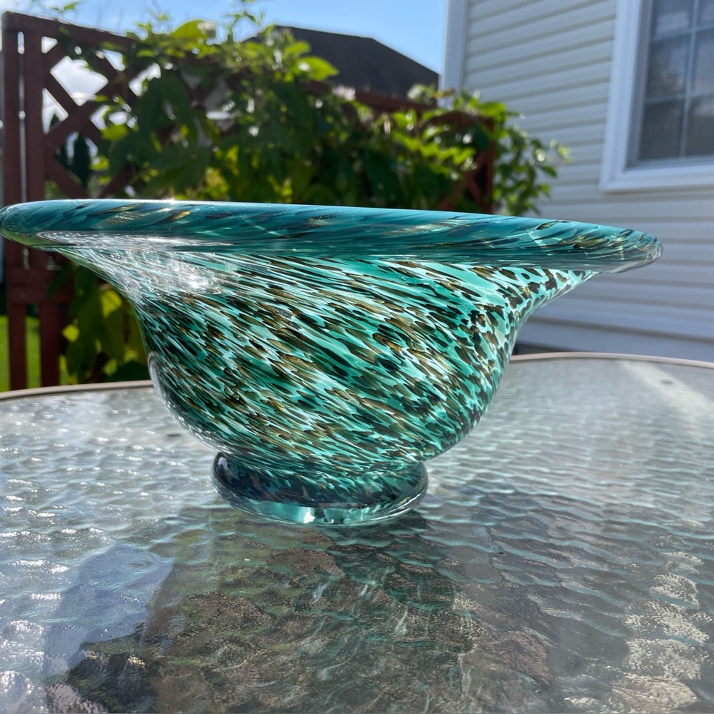 Artisan Glass Turquoise and Black Swirl Bowl with glitter accent ~12”